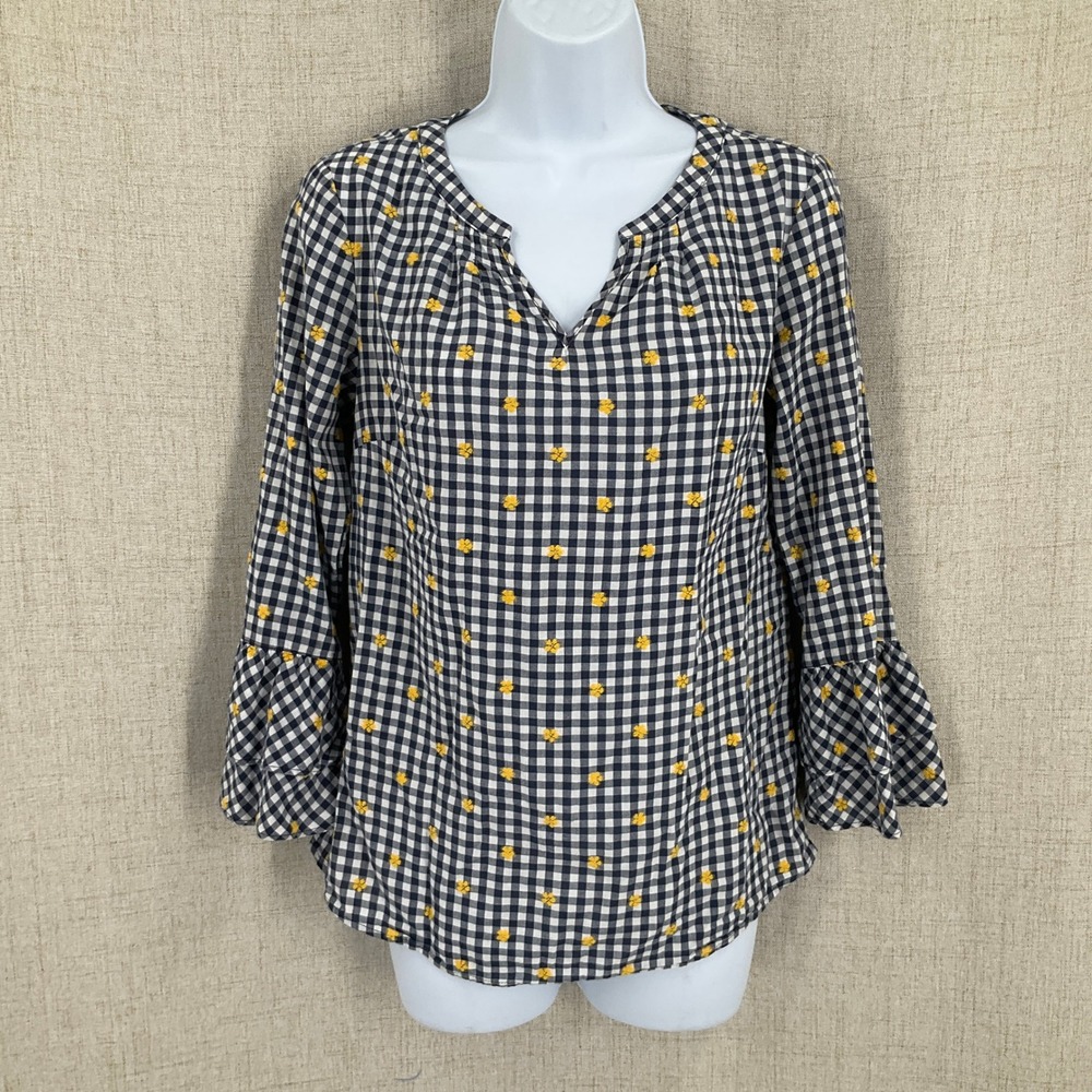 Talbots Blouse Womens XS Gingham Cotton Floral Embroidered Bell Sleeve Whimsical